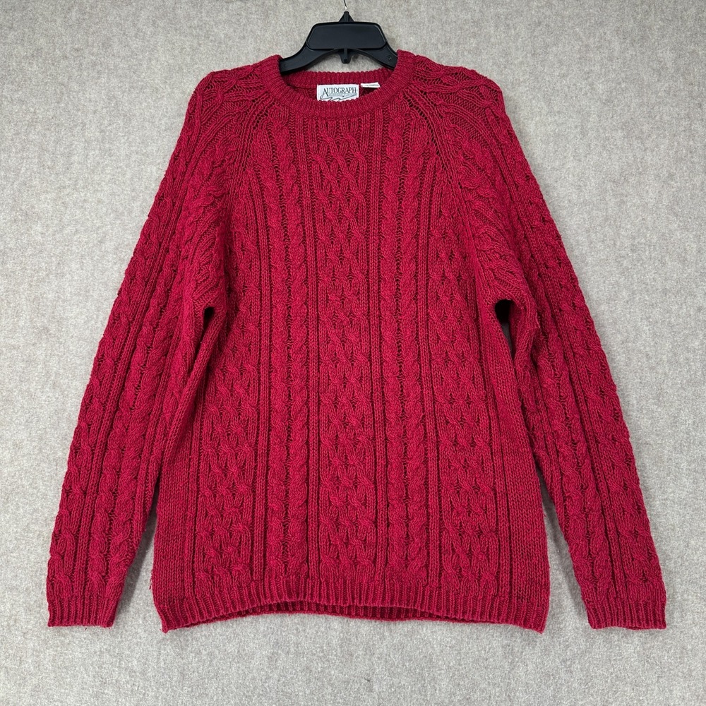 VTG Autograph‎ American Crew Neck Cable Knit Sweater MED Dark Pink Ramie Linen